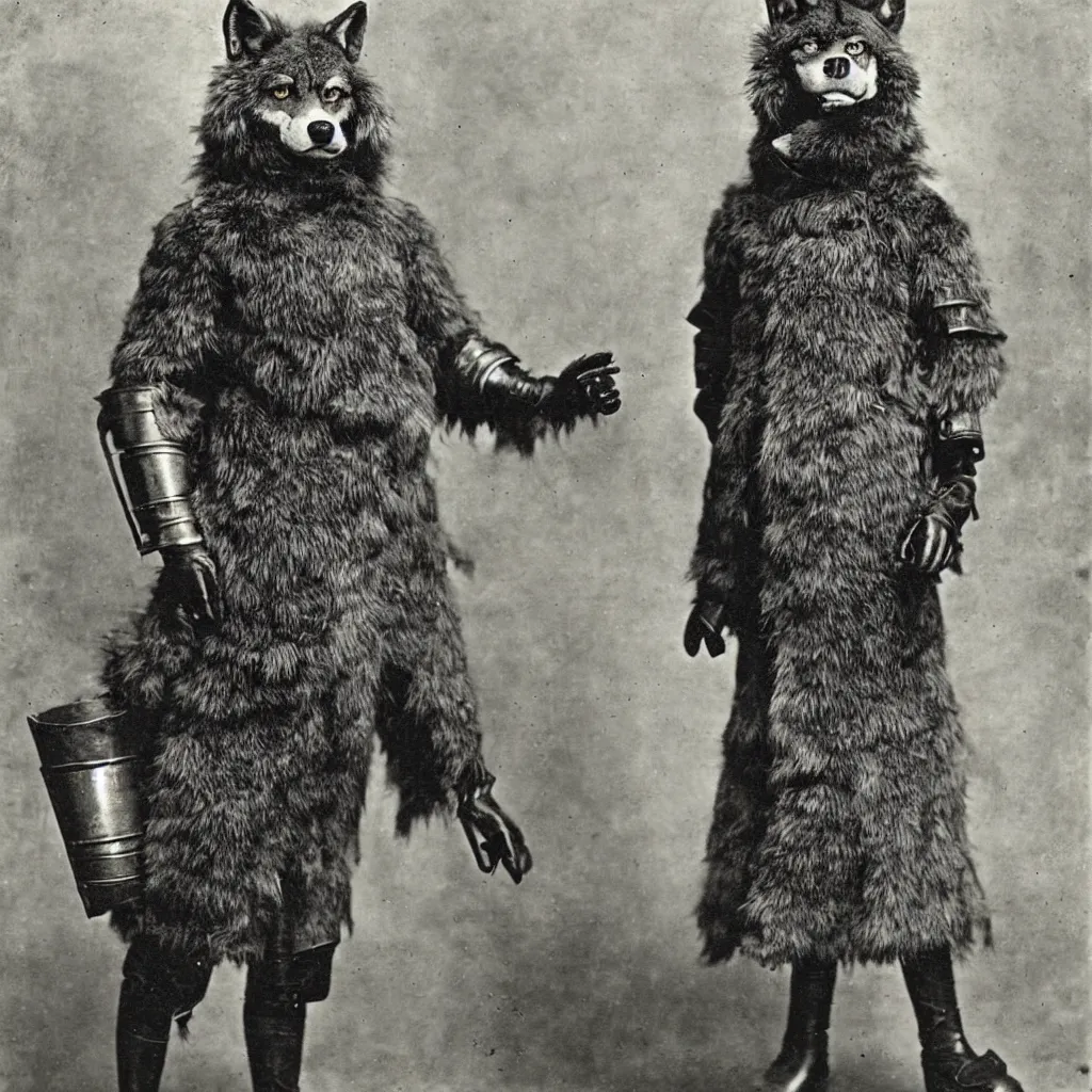 Image similar to anthropomorphic furry wolf in suit of armor of unknown origin, 1900s photograph