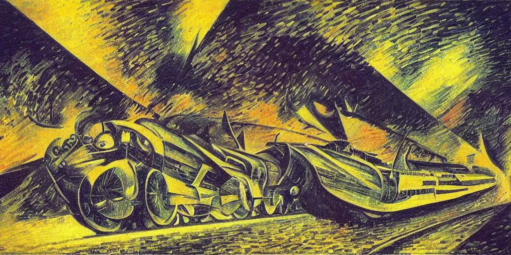 Prompt: oil painting of streamline train speeding. futurism. extreme speed with headlight shining into the fog. umberto boccioni.