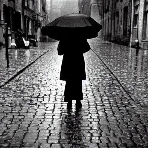 Image similar to fine art photograph of a woman waiting for the rain to stop, rainy flagstone cobblestone street, rule of thirds, sharp focus by henri cartier bresson