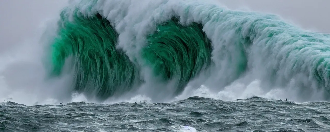 Image similar to 4 0 0 meter monster wave about to crash, green waters, storm, dramatic ligthting, atmospheric, mega tsunami