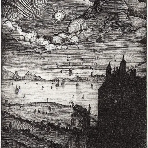 Image similar to foggy night sky, black and white, high detail, engraving, engraved, albrecht durer