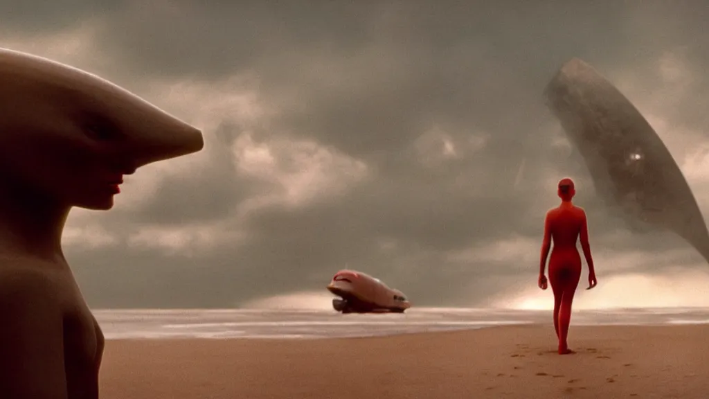 Image similar to photo of Polly Gray coming out of the ocean, extreme detailed face, spaceship far on the background, film still from the movie directed by Denis Villeneuve with art direction by Zdzisław Beksiński, wide lens