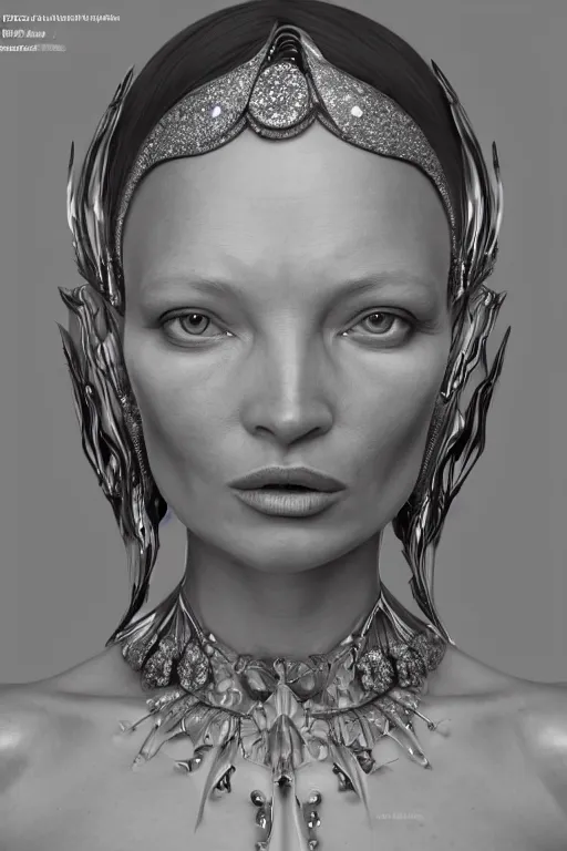 Image similar to a highly detailed metahuman render portrait of an alien goddess kate moss in iris van herpen dress schiaparelli in diamonds and jewelry in style of alphonse mucha trending on artstation made in unreal engine 4