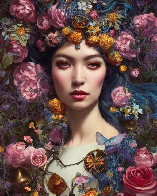 Image similar to portrait of the eurasian queen of the underworld, surrounded by flowers by karol bak, james jean, tom bagshaw, rococo, sharp focus, trending on artstation, cinematic lighting, hyper realism, octane render, 8 k, hyper detailed.