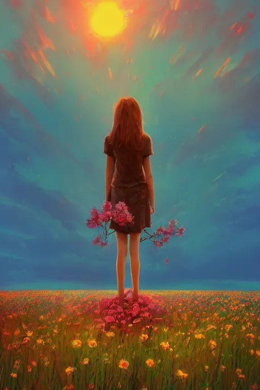 Image similar to closeup, huge flower head, girl standing in a field of flowers, surreal photography, sunrise, blue sky, dramatic light, impressionist painting, digital painting, artstation, simon stalenhag