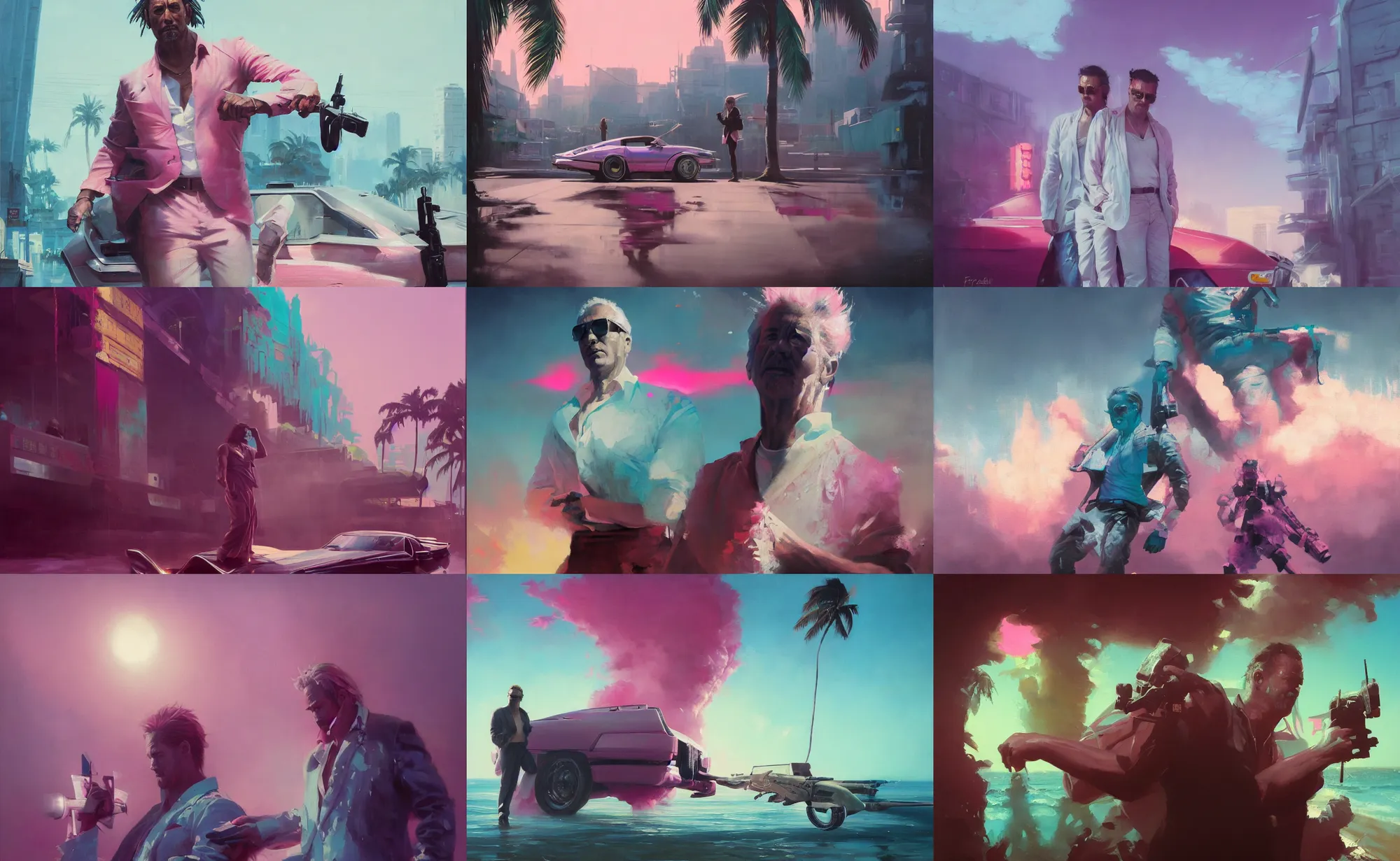 Prompt: an oil painting of miami vice, ultra realistic, highly detailed, brushstrokes, masterpiece, cinematic by frank frazetta, greg rutkowski, beeple, yoko taro, christian macnevin, beeple, wlop, krenz cushart, epic fantasy character art, volumetric lighting, cgsociety, pink and teal