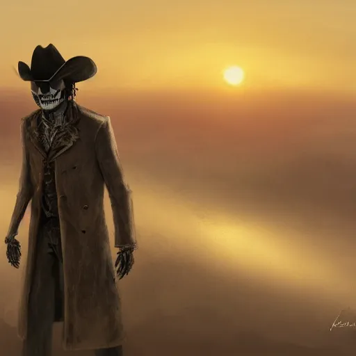 Image similar to a wounded skeleton cowboy in a long coat watching a sunset, concept art, DeviantArt, art station, illustration, highly detailed, artwork, cinematic, hyper realistic