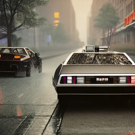 Image similar to hyperdetailed, photorealistic photograph of a dmc 1 2 delorean driving in the streets, rain, night, dense fog, hd, unreal engine 5