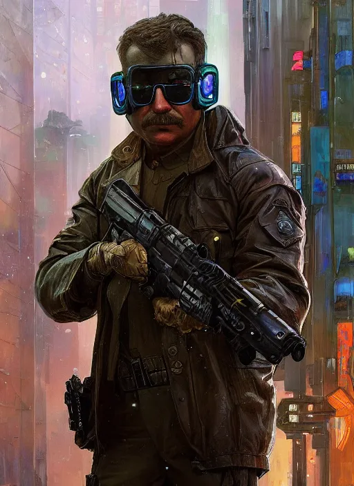 Image similar to Modern Teddy Roosevelt. Cyberpunk cop in tactical gear. plastic raincoat. blade runner 2049 concept painting. Epic painting by James Gurney, Azamat Khairov, and Alphonso Mucha. ArtstationHQ. painting with Vivid color. (rb6s, Cyberpunk 2077)