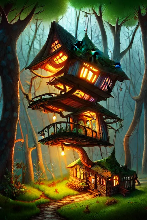 Image similar to a storybook illustration of a ramshackle multistory fairytale hut in the forest, intricate, elegant, fantasy, highly detailed, digital painting, concept art, sharp focus, artstation