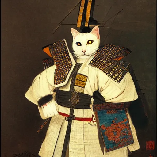 Prompt: a white cat samurai in Japanese armour, oil painting, by Rembrandt