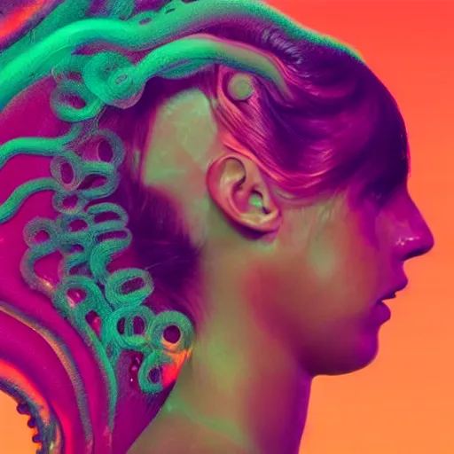 Prompt: flume and former cover art future bass girl un wrapped statue bust curls of hair petite lush side view body photography model full body untouched art contrast vibrant futuristic fabric only skin jellyfish material style of jonathan zawada, thisset colours simple background objective