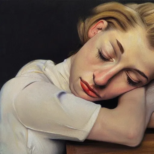 Image similar to high quality high detail painting by lucian freud, hd, pale blonde girl portrait, photorealistic lighting