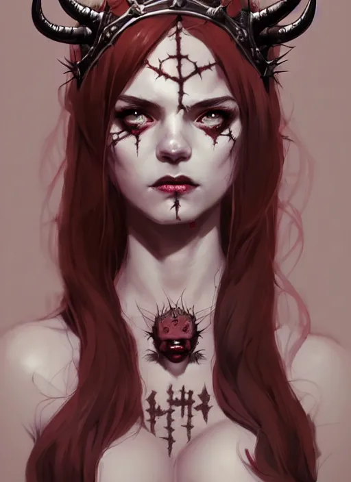 Image similar to portrait of cute succubus girl with crown of thorns and horns covered with runic tattoos, warhammer, dark fantasy, by atey ghailan, by greg rutkowski, by greg tocchini, by james gilleard, by joe gb fenton, by in kaethe butcher, dynamic lighting, gradient light red, brown, blonde cream and white color in scheme, grunge aesthetic