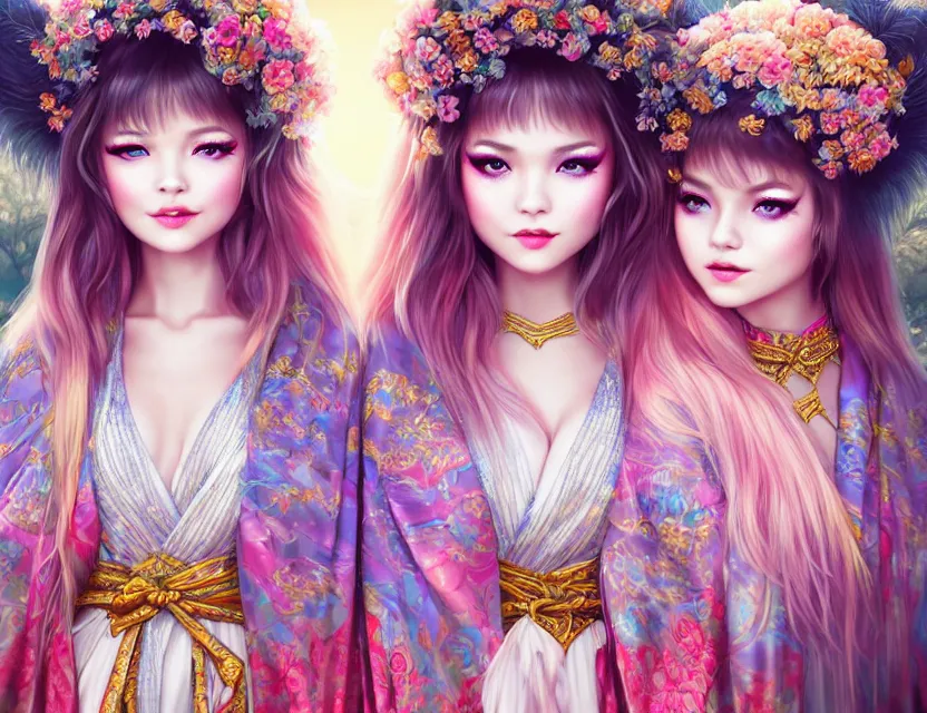 Image similar to two beautiful fashion siberian girls wear fantasy kimono in festival | | big eyes, sunny, dreamlike art, realistic shaded, smile, good looking, hyper details, 4 k realistic, cryengine, realistic shaded lighting poster by artgerm, ross tran, fuji choko, loish, 8 k resolution, trending on artstation, luxury