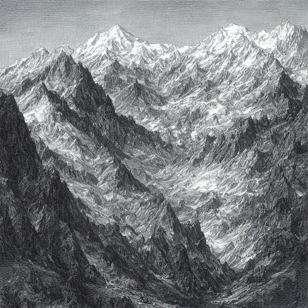 Prompt: an engraving of mont blanc in the alps by gustave dore, highly detailed