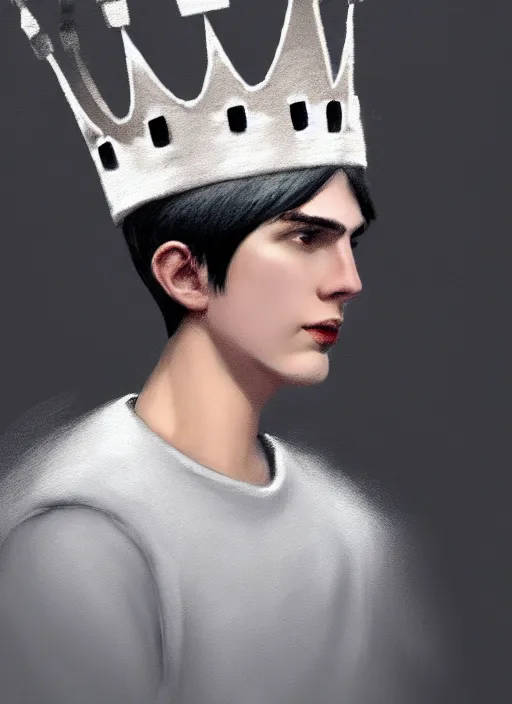 Image similar to portrait of teenage jughead jones wearing a light grey crown, photorealistic, crown made of fabric, simple crown, crown made of felt, black hair, intricate, elegant, highly detailed, digital painting, glowing lights, artstation, concept art, smooth, sharp focus, illustration, art by wlop, mars ravelo and greg rutkowski