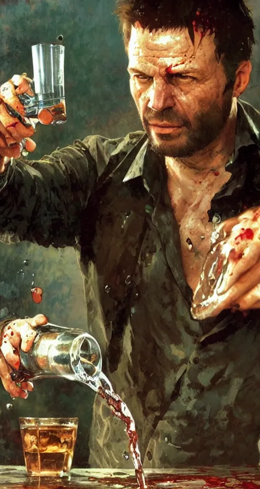 Image similar to close up of bloodied max payne pouring a drink, sun shining, photo realistic illustration by greg rutkowski, thomas kindkade, alphonse mucha, loish, norman rockwell.