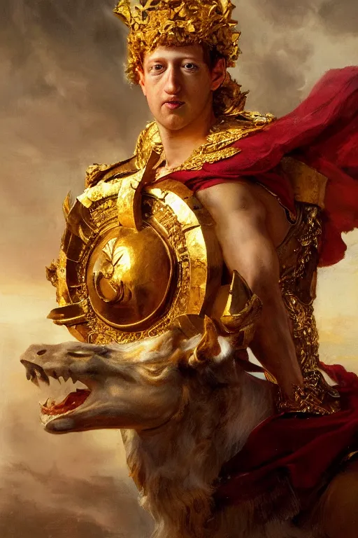 Prompt: beautiful closeup portrait oil painting, mark zuckerberg the barbarian wearing a golden wreath crown in royal crimson spartan armor enthroned as the god emperor of ancient rome, mid - shot, by anders zorn, wonderful masterpiece by greg rutkowski, beautiful cinematic light, american romanticism, by thomas lawrence, greg rutkowski