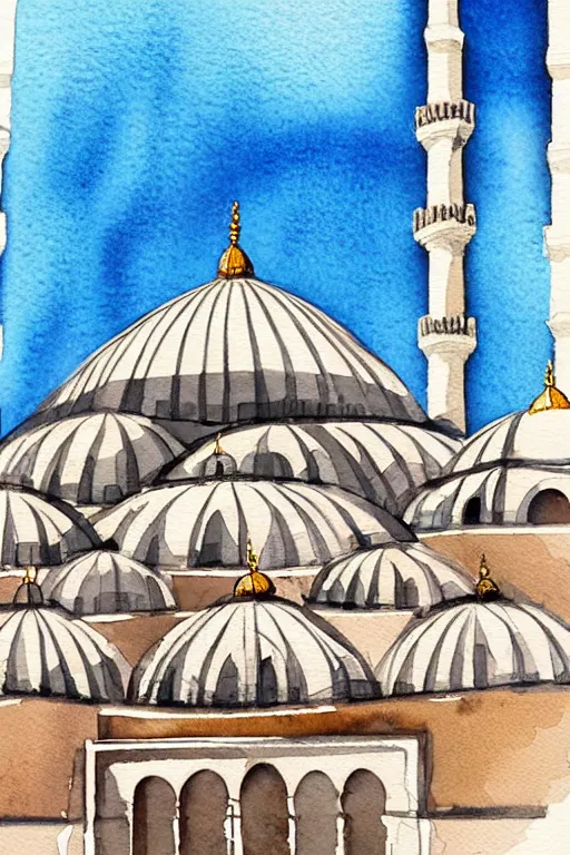 Image similar to a watercolor painting of a mosque in istanbul by fikret mualla saygı, behance, modern european ink painting, photoillustration, storybook illustration, watercolor