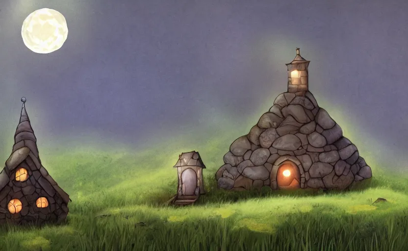 Image similar to a witch's cottage on a lonely hill against a giant moon, storybook, gouache, flat, concept art, lush