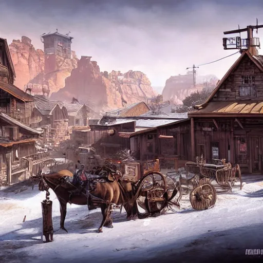 Image similar to painting of an wildwest town, snow, ultra realistic, concept art, intricate details, eerie, highly detailed, fallout, wasteland, photorealistic, octane render, 8 k, unreal engine 5. art by artgerm and greg rutkowski and alphonse mucha