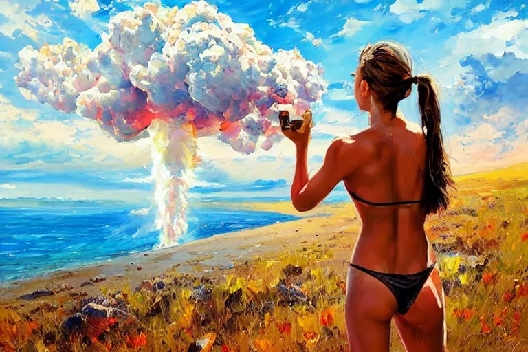 Prompt: girl with a ponytail wearing bikini looking at a nuclear bomb test, expressive oil painting, digital art, high quality, by michael garmash, by rob rey, by conrad roset, beautiful girl, apocalyptic, huge nuclear mushroom cloud