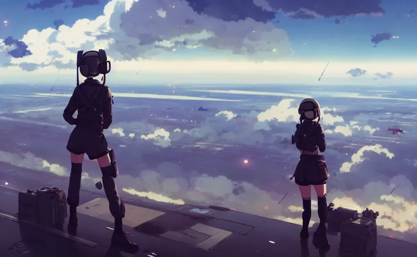 Prompt: panoramic view of cute pilot girl, black sky background, battlefield landscape, illustration concept art anime key visual trending pixiv fanbox by wlop and greg rutkowski and makoto shinkai and studio ghibli and kyoto animation, soldier clothing, military weaponry, fused airplane parts, rule of thirds