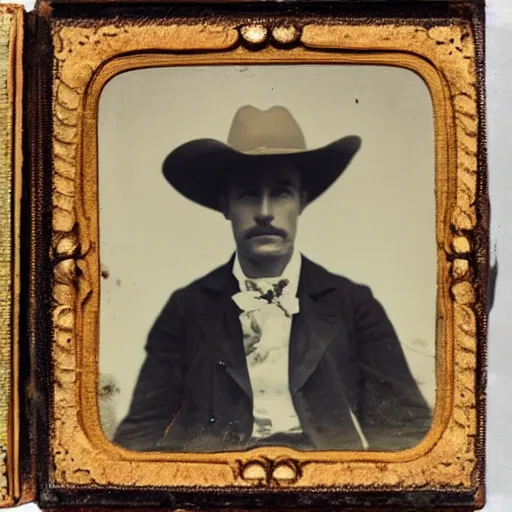 Image similar to White man with comically large cowboy hat daguerreotype