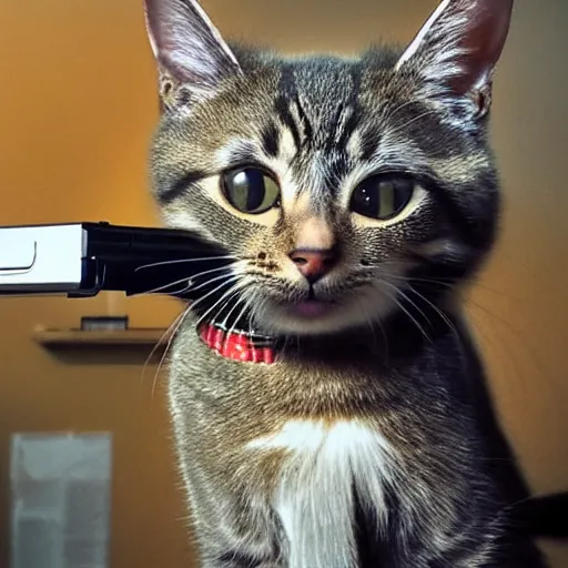 Image similar to a very cute cat holding a shotgun to the camera