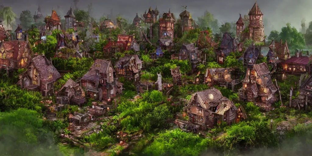 Image similar to Fantasy village built on PC motherboard, trees, green plants, broken parts, wooden houses, mold, tiny villagers, PC hardware, high quality, trending on artstation, highly detailed