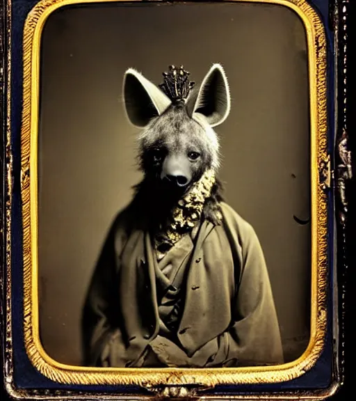 Image similar to professional studio photo portrait of anthro anthropomorphic spotted hyena head animal person fursona smug smiling wearing crown diadem elaborate pompous royal king robes clothes degraded medium by Louis Daguerre daguerreotype tintype