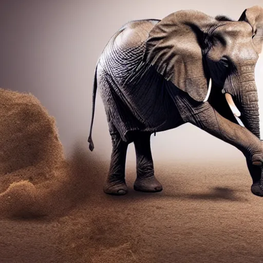 Image similar to an elephant falling apart and crumbling to dust to the air, photorealistic