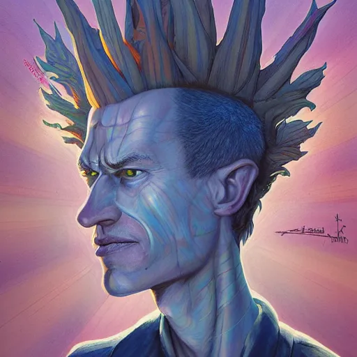 Image similar to human design mohawk projector portrait by gaston bussierre and charles vess and james jean and erik jones and rhads, inspired by rick and morty, epic, funny, huge scale, beautiful fine face features, intricate high details, sharp, ultradetailed