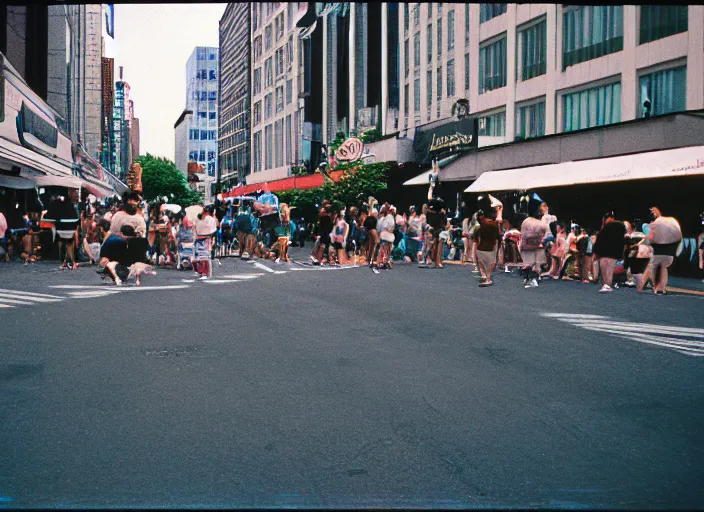 Prompt: A disposable camera picture of the street, Kodak Fling 200, 1983