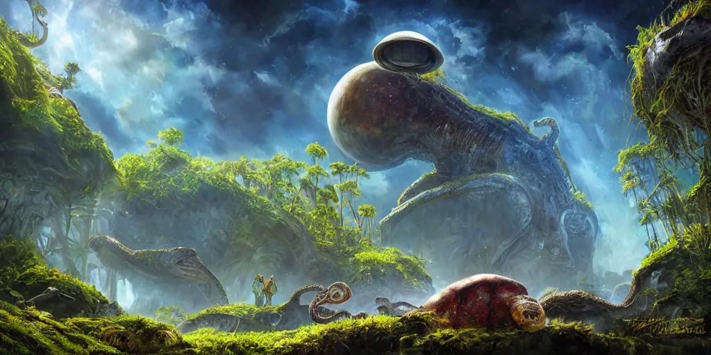 Image similar to fantasy oil painting, klattu's spacecraft, outer worlds, great leviathan, turtle cephalopod terrapin reptilian pachyderm amphibian hybrid, rainforest mountains, lush plants flowers, epic natural light, bright clouds, luminous sky, bright cinematic key lighting, michael cheval, michael whelan, vray, 8 k hd