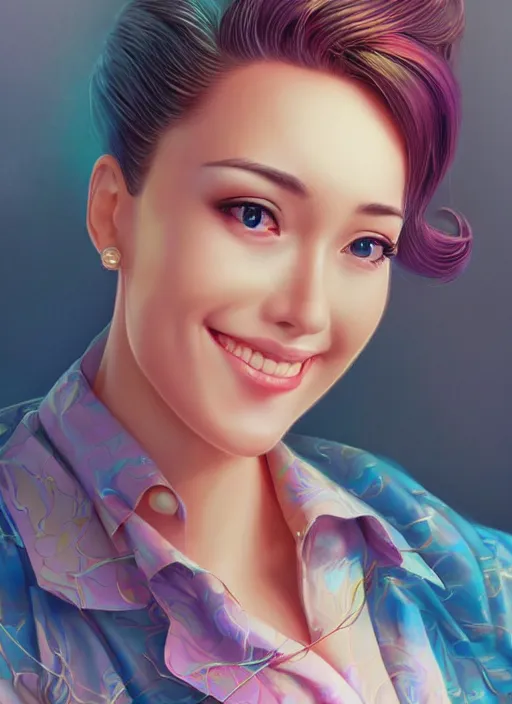 Image similar to beautiful, secretary woman, extremely detailed gorgeous face, looks realistic, hyper-detailed portrait, happy smile, vaporwave aesthetic, synthwave, magical, fantasy, ninchaku , artist Artgerm i and WLOP