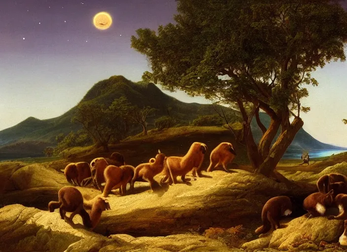 Image similar to the first mammals start to appear after the long impact winters, small mammals explore the new lands of the paleogene era of earth, in the style of hudson river school of art, oil on canvas