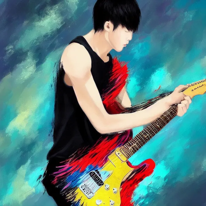 Image similar to a young korean male musician wearing black tank top holding a telecaster!!! electric guitar!! he is made of thick flowing dramatic brush strokes blowing away in strong wind, matte colors, abstract, impressionist, motion, trending on artstation