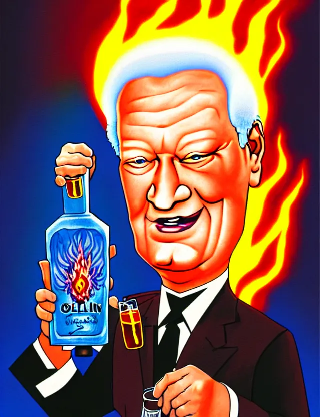 Image similar to yeltsin with a halo of fire holding a bottle of vodka in his hands, scary art in color, detailed art