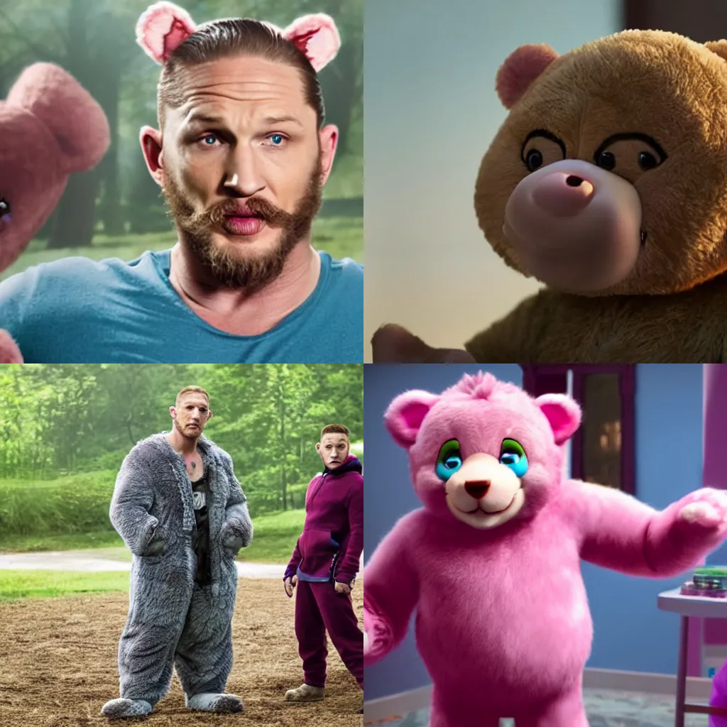 Prompt: movie still of Tom Hardy from a live action carebear film