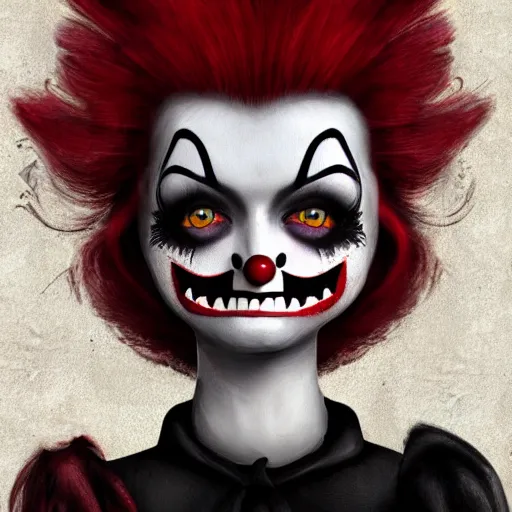 Prompt: A high quality illustration of a smiling goth-clown hybrid with red hair, trending on artstation, cute