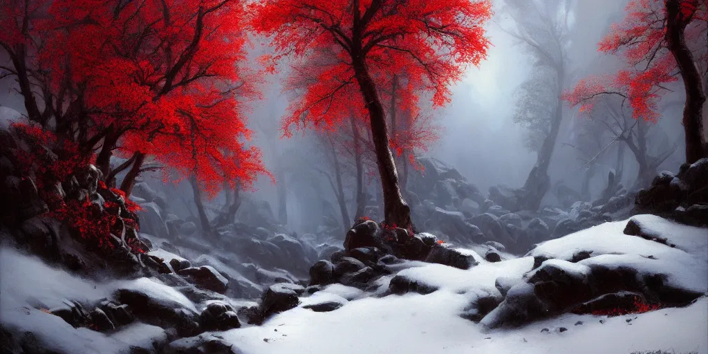 Image similar to A beautiful oil painting of a rocky valley covered in snow, trees with red leaves, thunderstorm in the sky, blue lighting, gloomy, atmospheric lighting, detailed, by greg rutkowski, trending on artstation