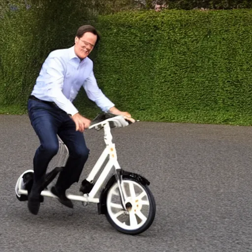 Prompt: Mark Rutte on his tricycle