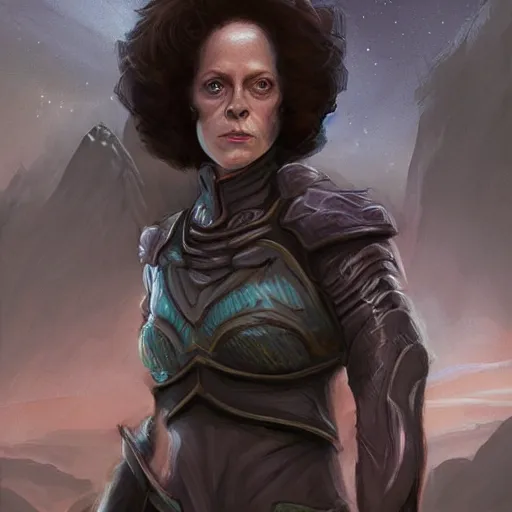 Prompt: young sigourney weaver as a d & d paladin, character portrait by wlop