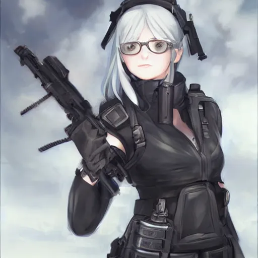 Prompt: silver hair girl, tactical vest, portrait (ilustration by Krenz Cushart and Shinji Aramaki)