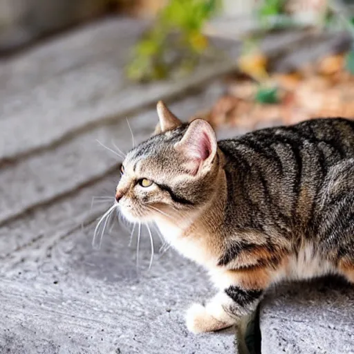 Image similar to a small domestic housecat with a thin mushroom growing atop its head