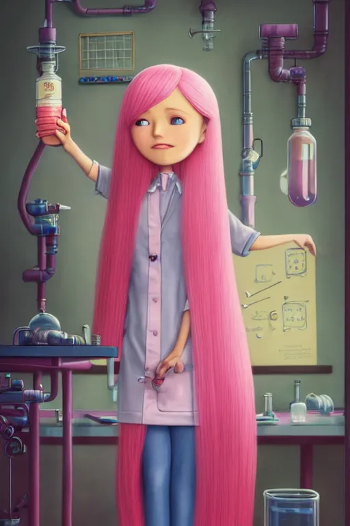 Image similar to highly detailed, industrial photography, profile view of adult princess bubblegum from adventure time, working in her science lab, wearing lab coat, long bubblegum hair, long straight bangs, confident, beautiful, attractive, illustration concept art by nicoletta ceccoli, mark ryden, lostfish, detailed and intricate environment, 8 k resolution, hyperrealistic, octane render