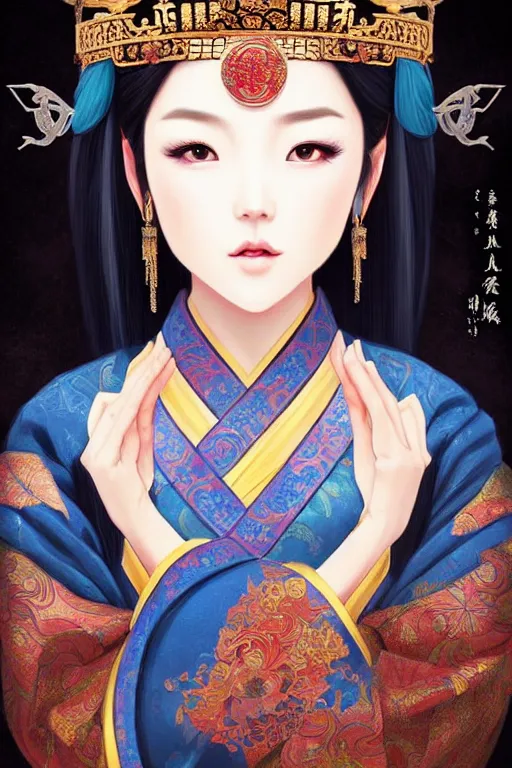 Image similar to a lovely and shiny young empress of qing dynasty, face by artgerm, ross tran, fuji choko, loish, 8 k resolution, attractive, symmetrical portrait, beautifully detailed landscape of ruin, trending on pixiv and pinterest, charming black eyes, luxury, perfect face, smooth, dreamlike
