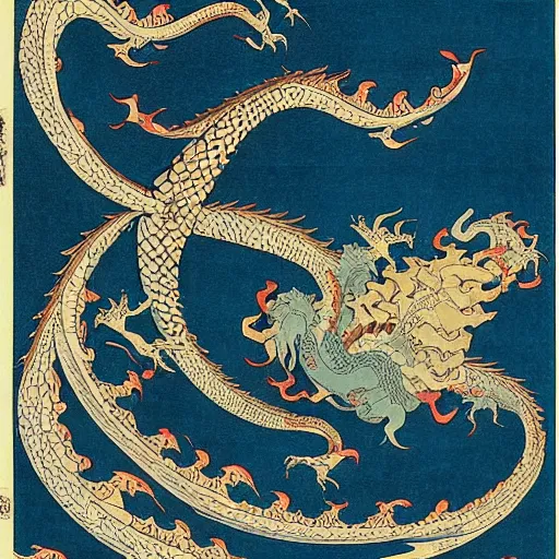 Image similar to a fractal dragon by hokusai, by james jean, by bosch